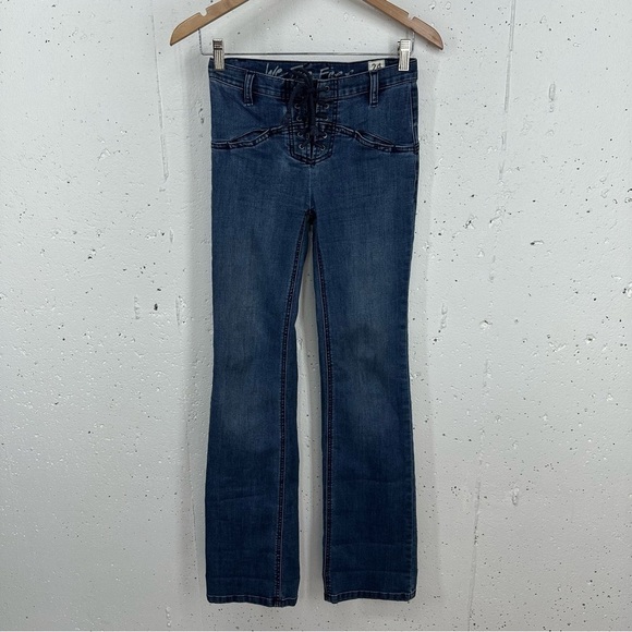 We The Free People Size 24 Mid Rise Lace Up Boot Cut Stretch Jeans READ - Picture 3 of 14